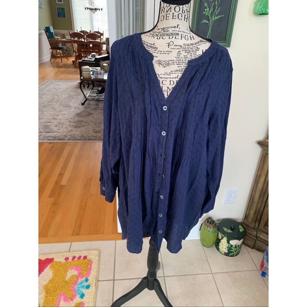 Roaman's Tunic Top Plus Size 2X Navy Pintuck Swiss Dot Tab Sleeve